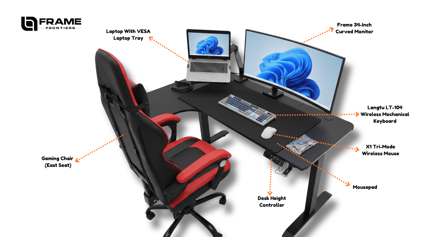 L-Shaped standing desk with curved monitor setup
