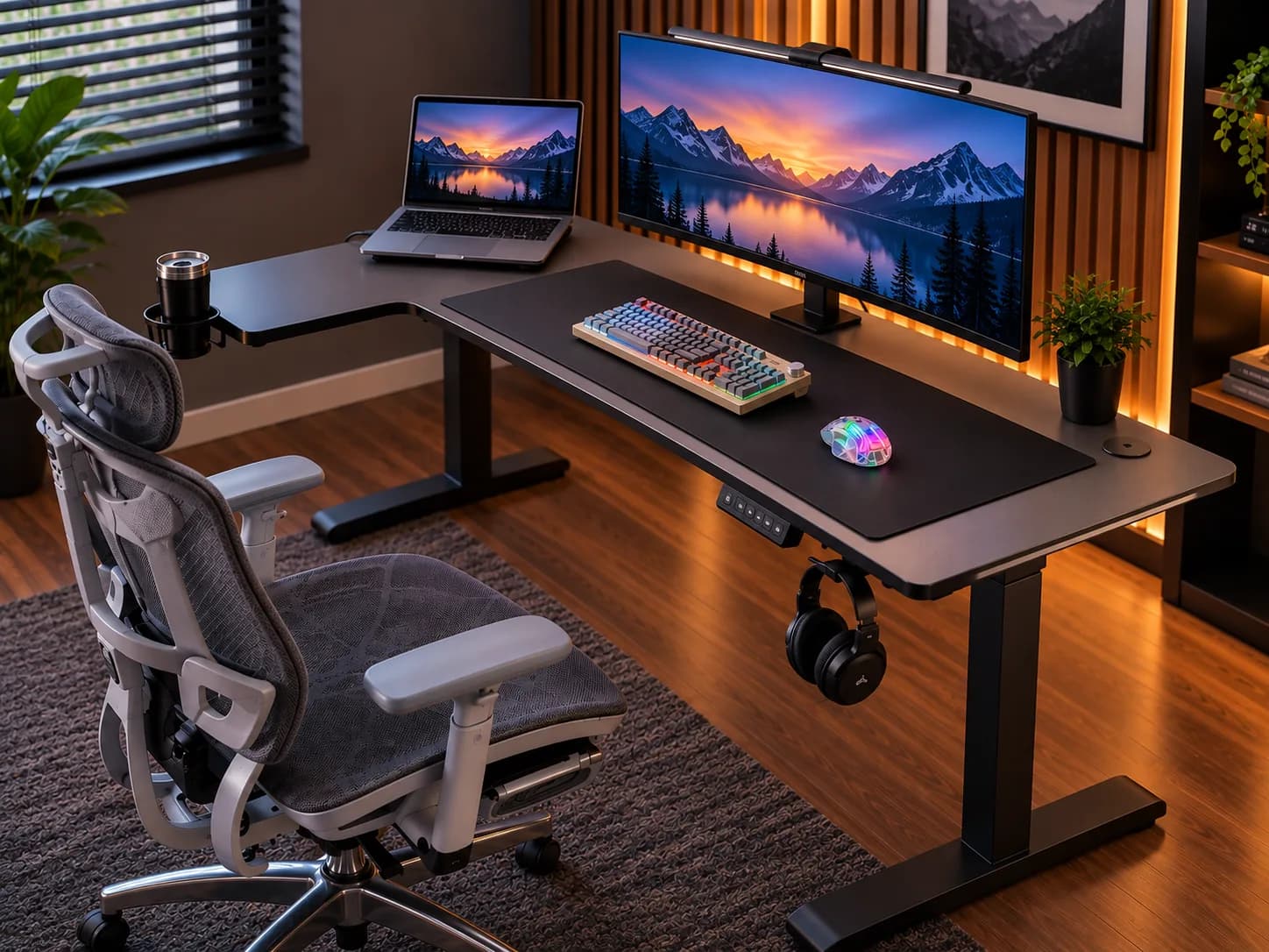 A height-adjustable desk set up with an ultrawide monitor, laptop, mechanical keyboard and ergonomic chair