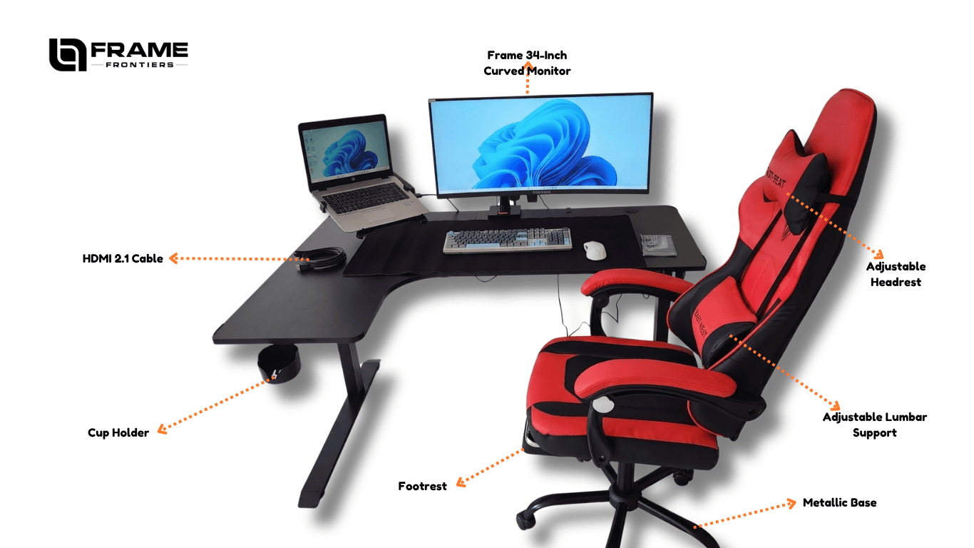 L-Shaped standing desk with curved monitor setup