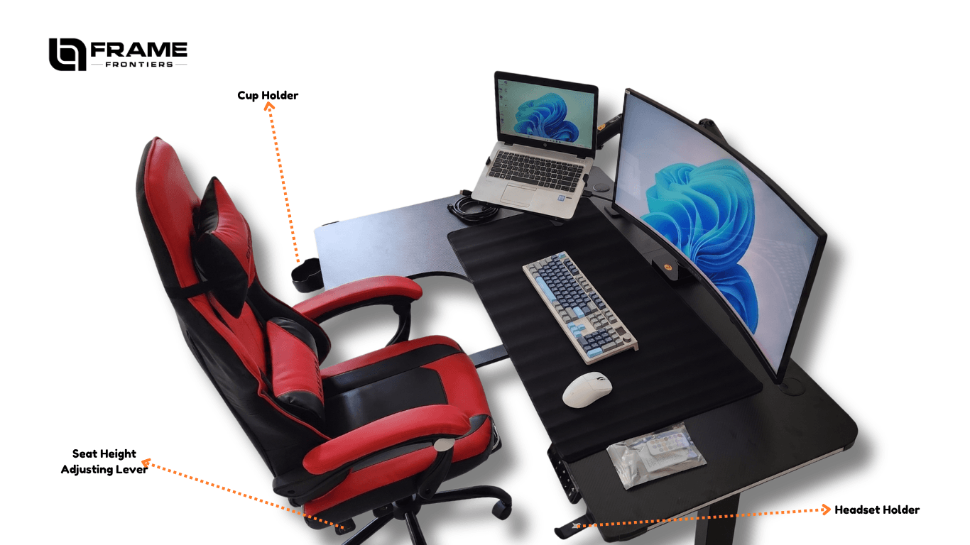 L-Shaped standing desk with curved monitor setup